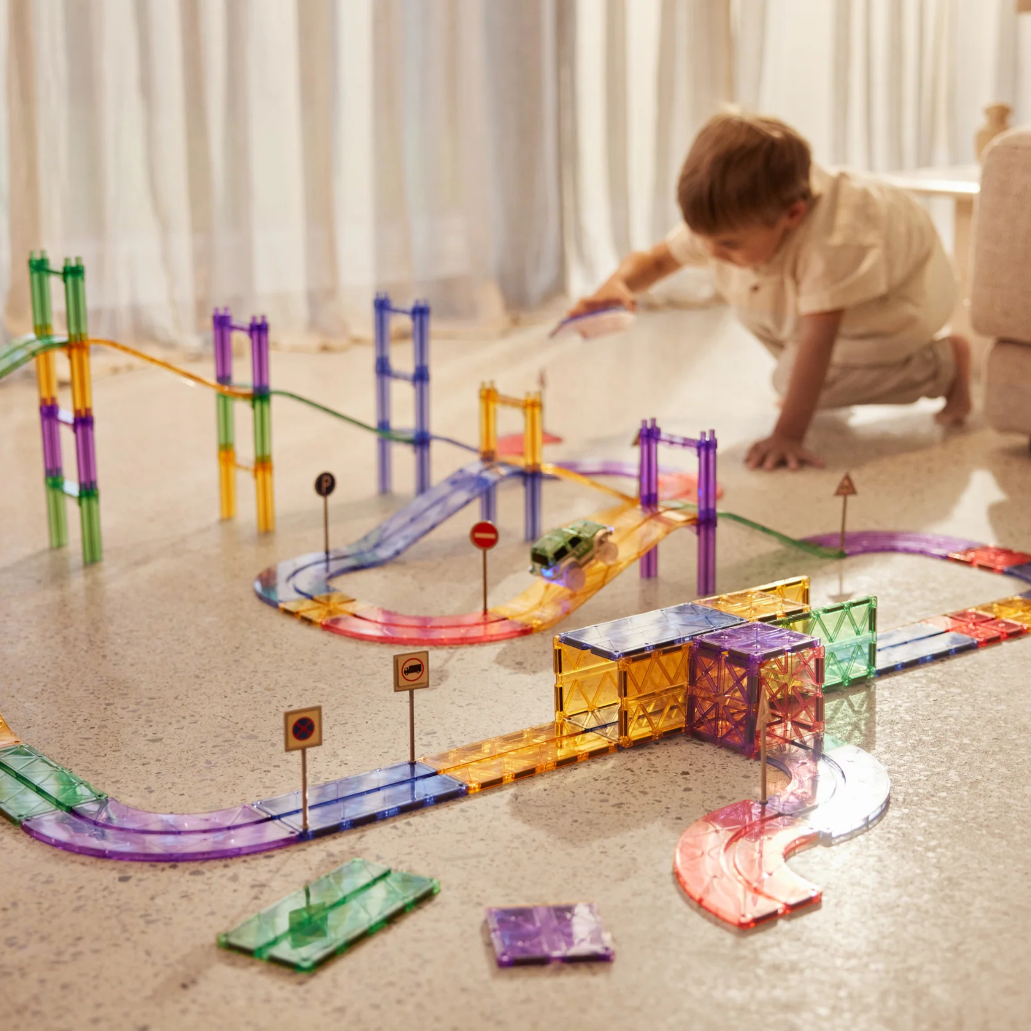 Blocs de construction magnétiques Cleverclixx | Race Track Large Pastel 80 Pièces