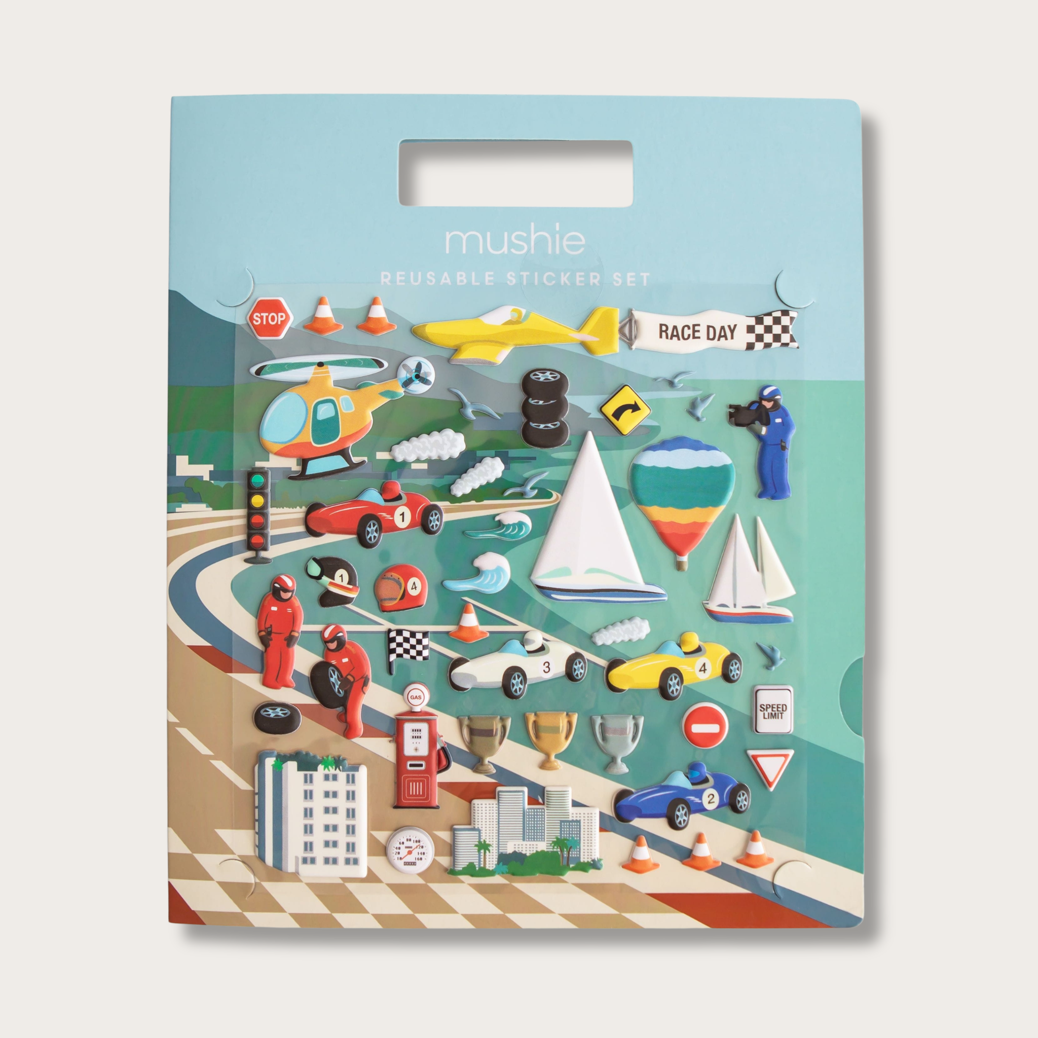 Livre d’autocollants réutilisables Mushie Voitures de course